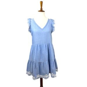 LOFT Ann Taylor Blue Flutter Sleeve Dress XS Eyelet Hem Tiered Mini Boho Summer